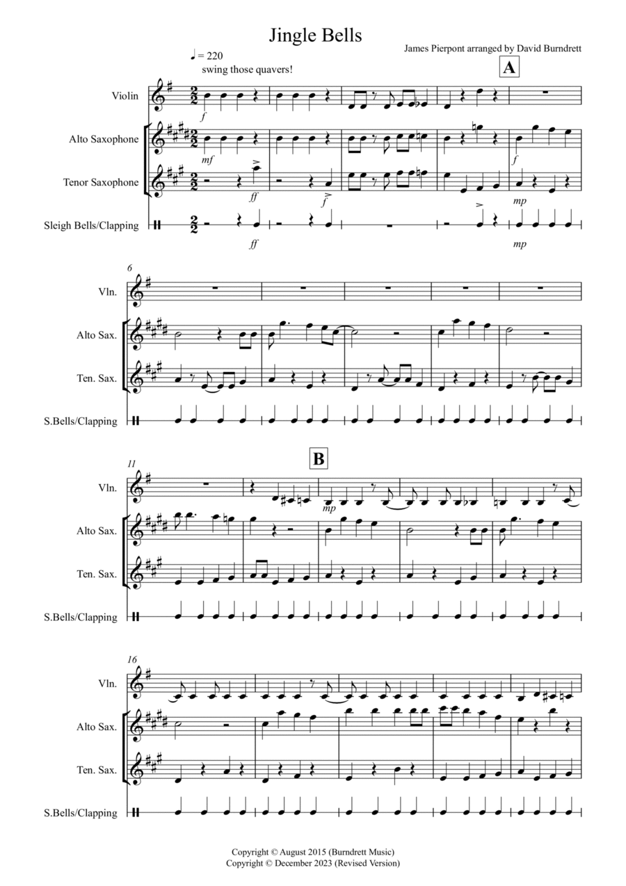 Jingle Bells (Jazzy Style!) for Violin, Alto and Tenor Saxophone Trio Tenor Saxophone scores gallery preview page 1