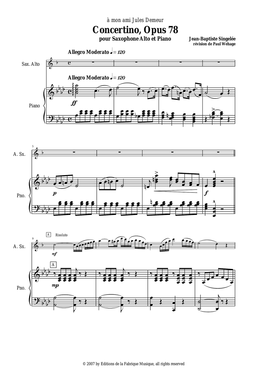 Jean-Baptiste Singelée - Concertino, Opus 78 for alto saxophone and piano