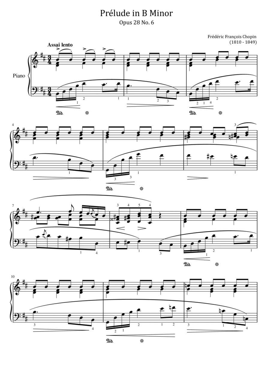 Chopin - 24 Preludes, Op.28 No.6 In B minor - Lento Assai - Original For Piano Solo With Fingered Piano Solo scores gallery preview page 1