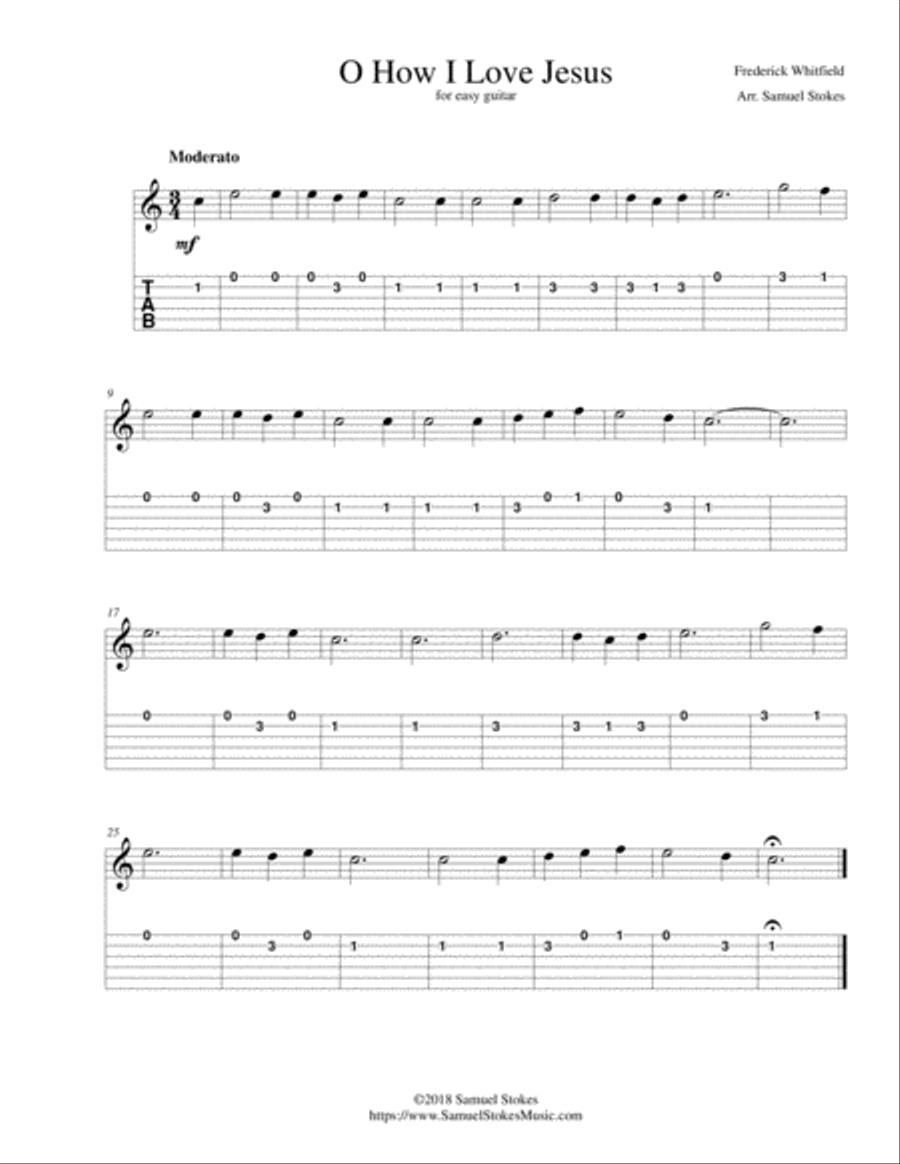 O How I Love Jesus - for easy guitar with TAB Guitar Tablature scores gallery preview page 1