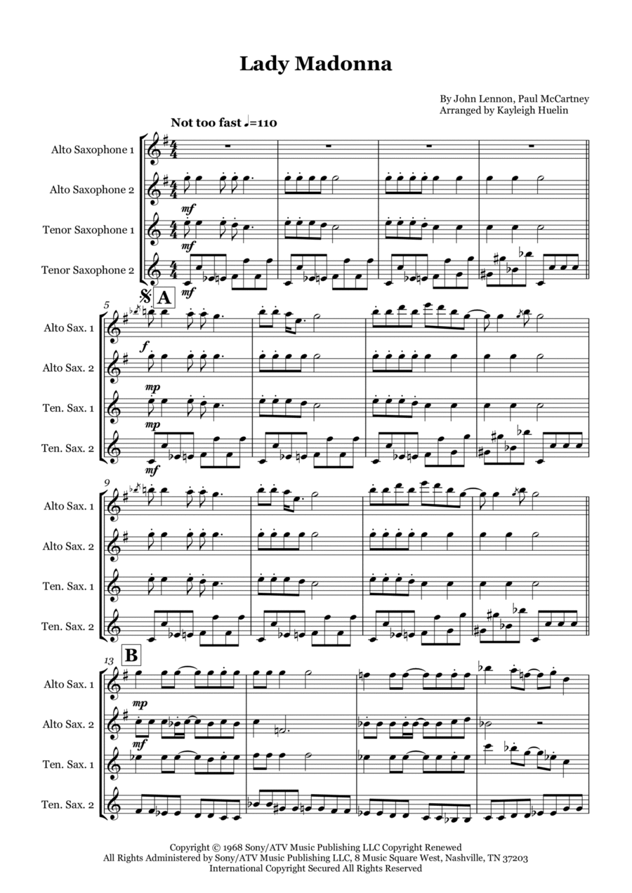 Lady Madonna Saxophone Quartet scores gallery preview page 1
