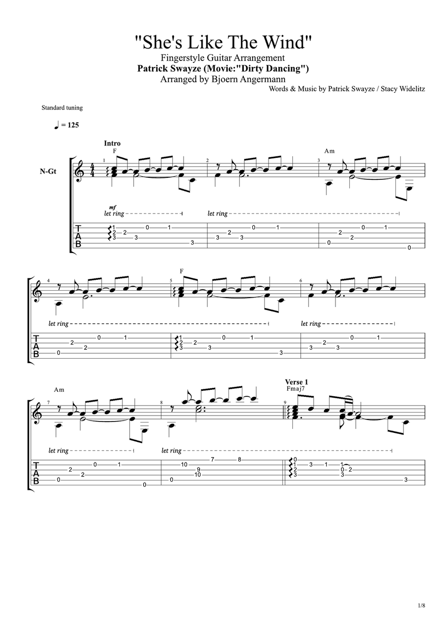 She's Like The Wind Guitar Tablature scores gallery preview page 1
