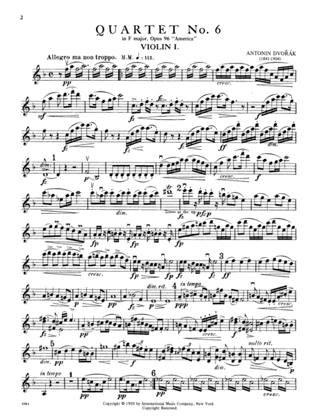 Quartet No. 12 in F major, Opus 96 ('American') by Antonin Dvorak String Quartet - Sheet Music