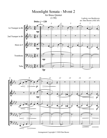 Moonlight Sonata, 2nd Movement in Db Major (original key) for Brass Quintet image number null