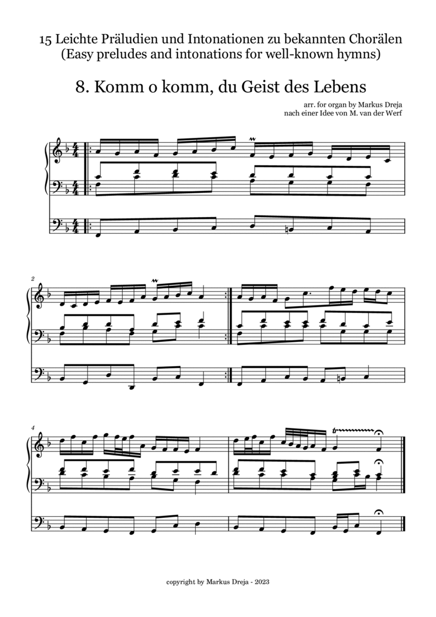 Easy Organ Preludes - leichte Orgelpräludien | Komm, o komm, du Geist des Lebens (Pfingsten) image number null