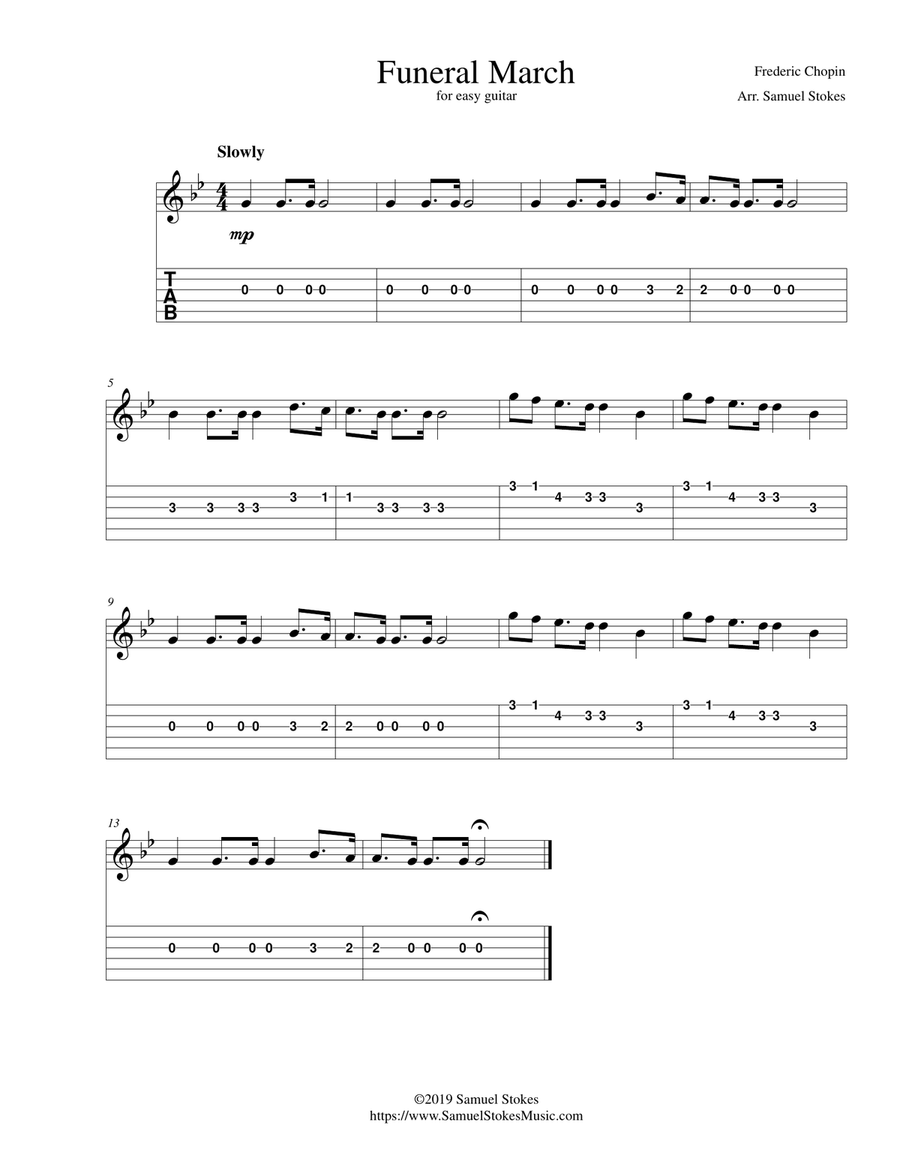 Funeral March (Chopin) - for easy guitar with TAB Classical Guitar scores gallery preview page 1