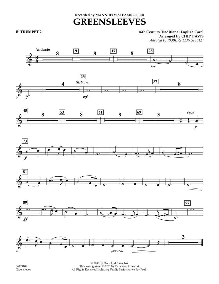 Greensleeves - Bb Trumpet 2 Concert Band scores gallery preview page 1