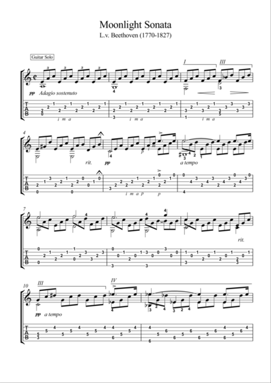 Moonlight Sonata classical guitar solo with tablature Acoustic Guitar scores gallery preview page 1