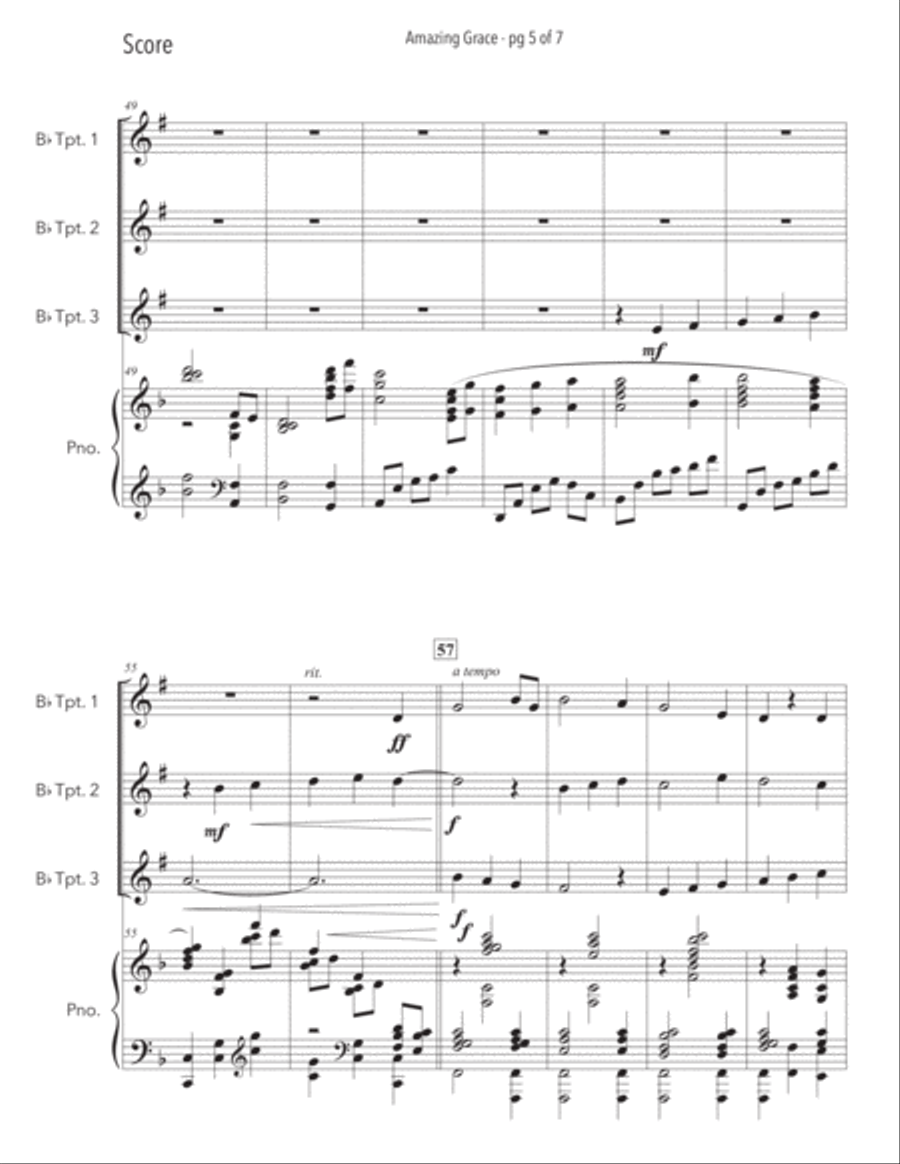 Amazing Grace - Trumpet Trio with Piano Accompaniment Trumpet Trio scores gallery preview page 6