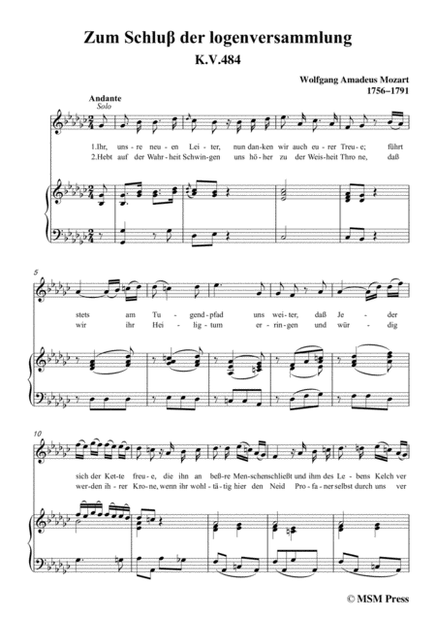 Mozart-Zum Schluβ der logenversammlung,in G flat Major,for Voice and Piano image number null