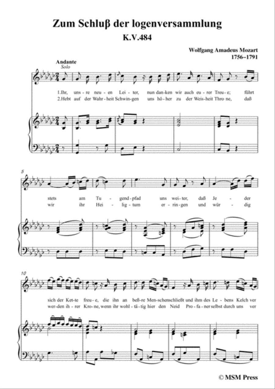 Mozart-Zum Schluβ der logenversammlung,in G flat Major,for Voice and Piano Voice Solo scores gallery preview page 3
