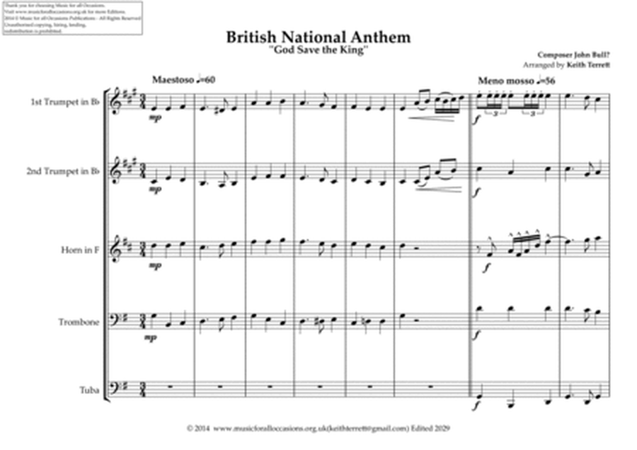 British National Anthem ("God Save the King") for Brass Quintet (MFAO World National Anthem Series image number null