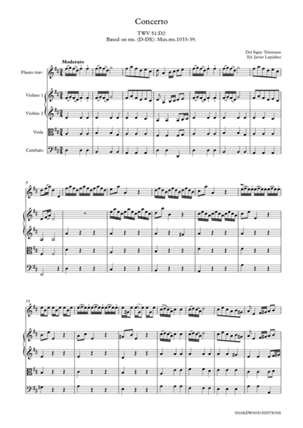 Telemann – Flute Concerto in D Major TWV 51:D2 (Score and parts in PDF)