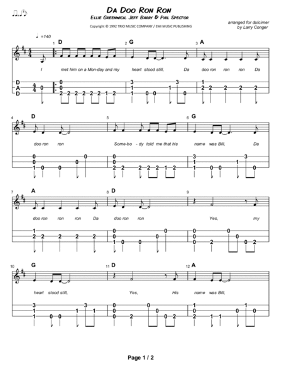 Da Doo Ron Ron (when He Walked Me Home) Dulcimer scores gallery preview page 2