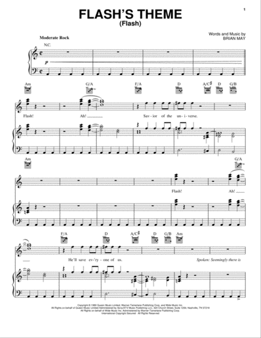 Flash's Theme (Flash) Piano, Vocal, Guitar scores gallery preview page 1