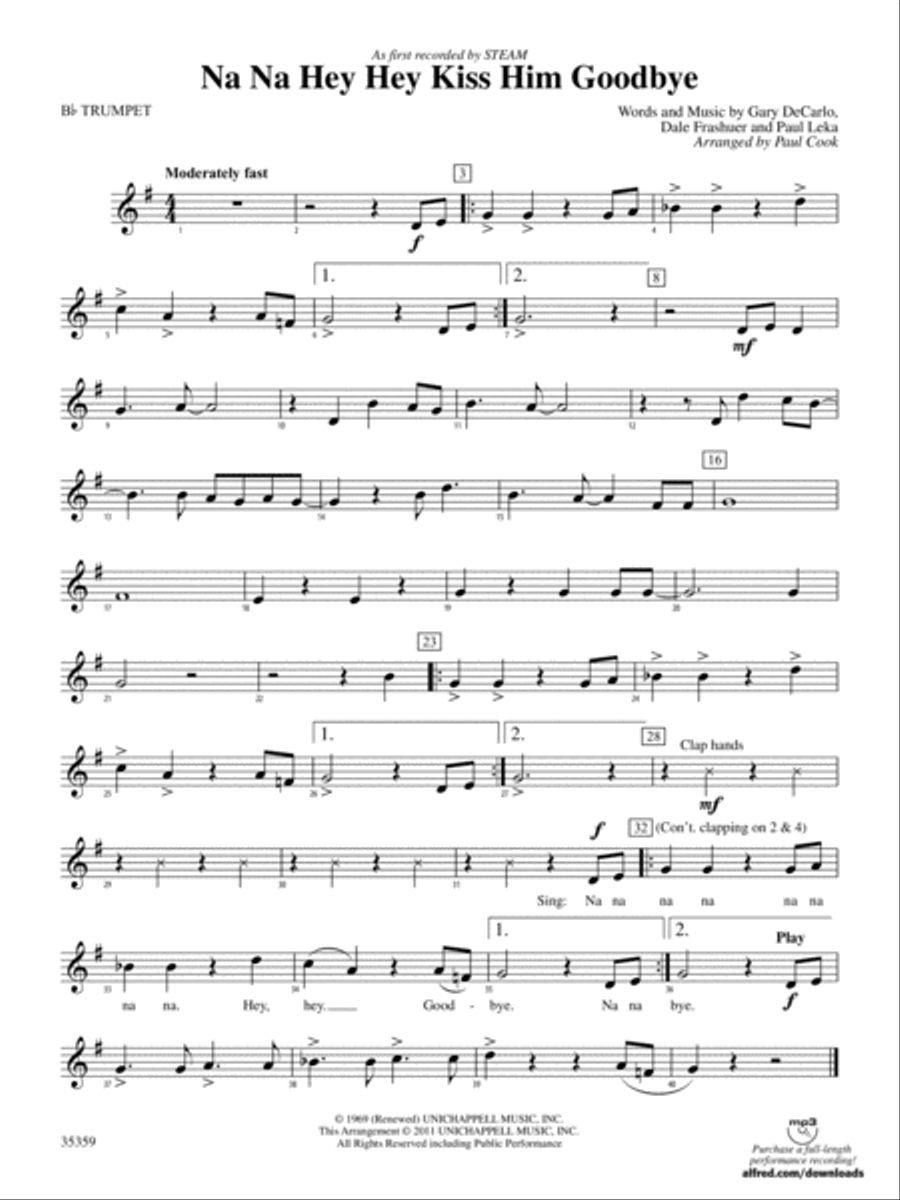 Na Na Hey Hey Kiss Him Goodbye: 1st B-flat Trumpet Concert Band scores gallery preview page 1