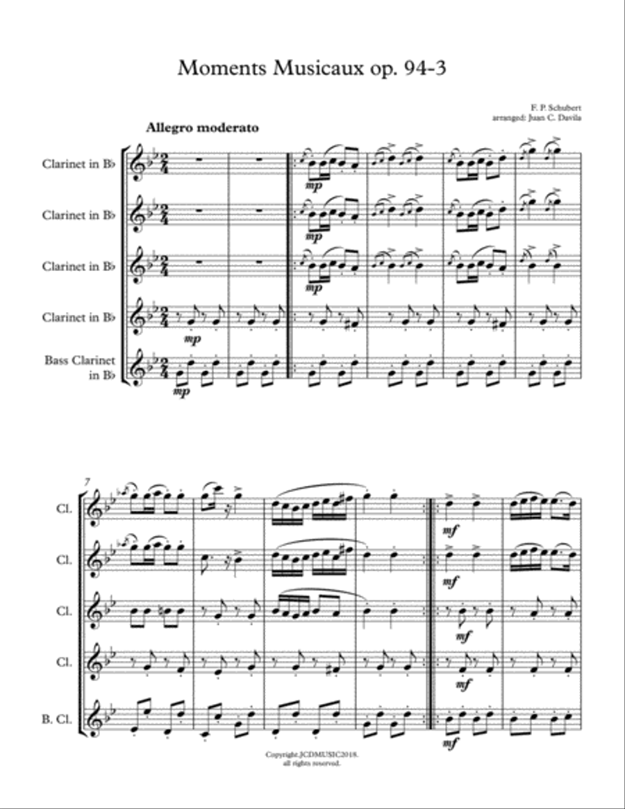 Moments Musicaux op. 94-3 (Franz Schubert) for Clarinet Choir Clarinet Choir scores gallery preview page 1