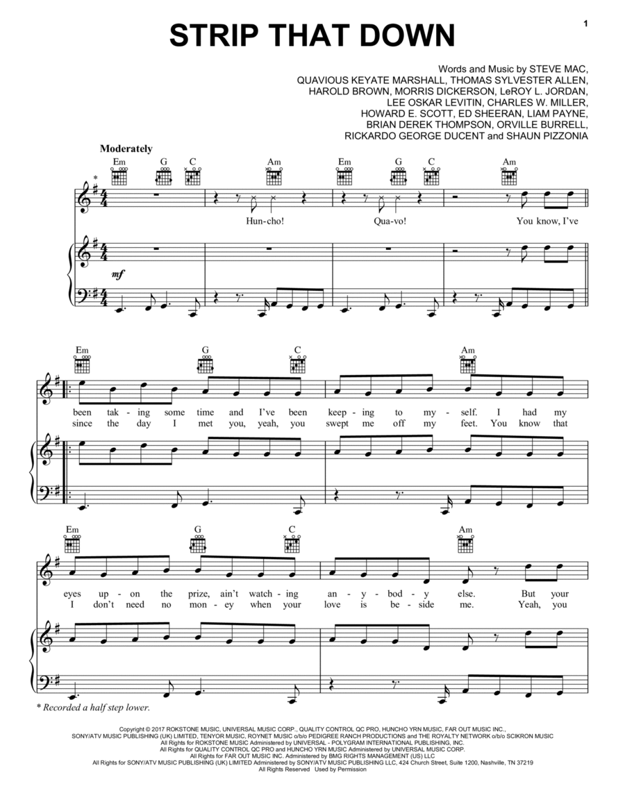 Strip That Down (feat. Quavo) Piano, Vocal, Guitar scores gallery preview page 1
