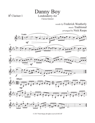 Danny Boy (Clarinet Quintet [Eb Bb(2) B. Cl. & Cb. Cl.]) Bb Clarinet 1 part