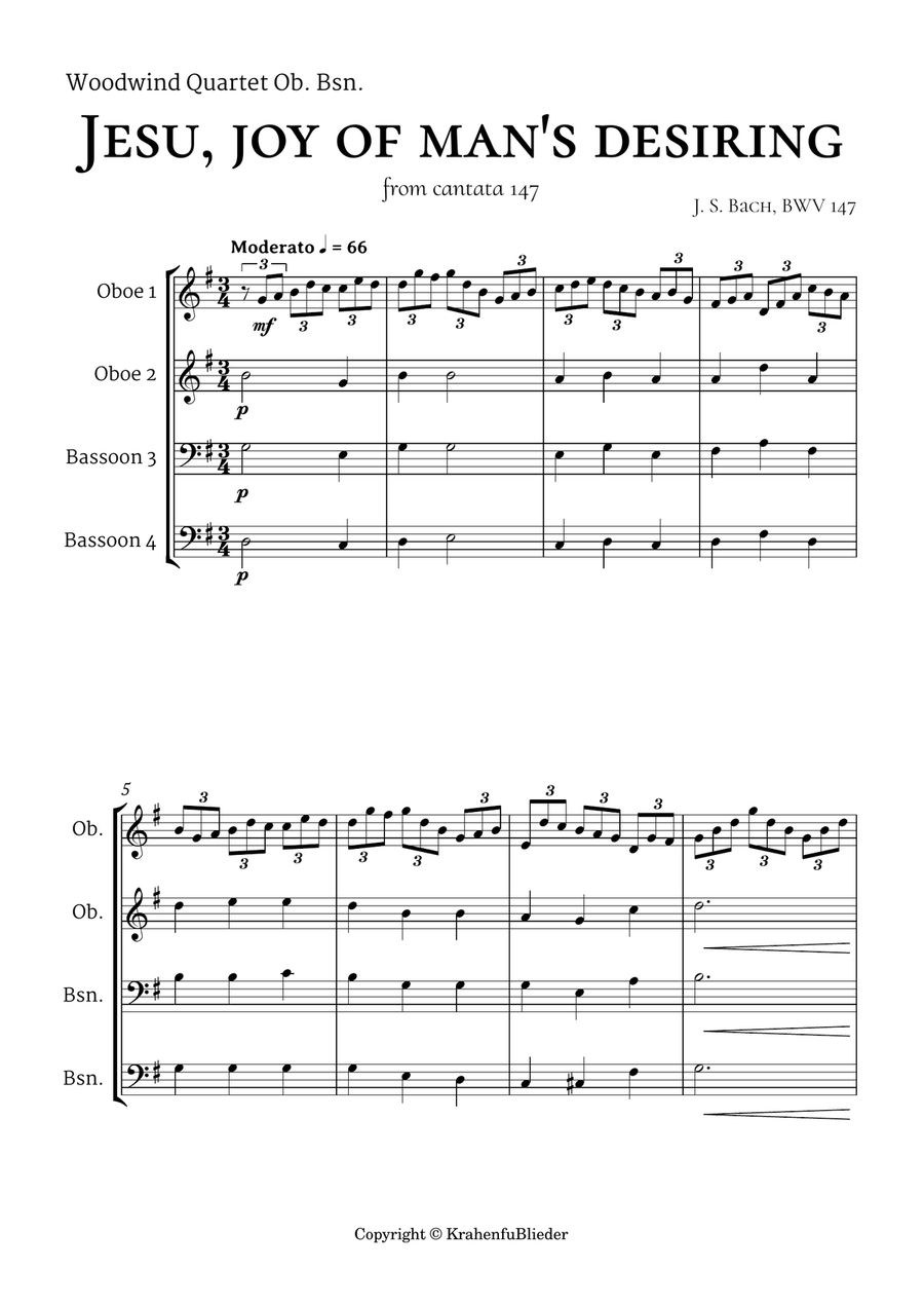 Bach Jesu, joy of man's desiring for Woodwind Quartet 2 Oboes and 2 Bassoons Woodwind Quartet scores gallery preview page 2
