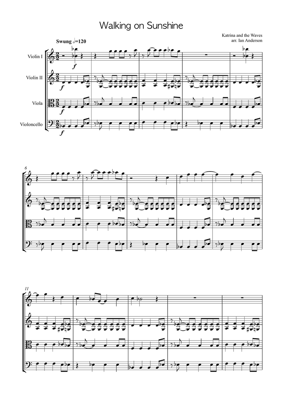 Walking On Sunshine String Quartet scores gallery preview page 1
