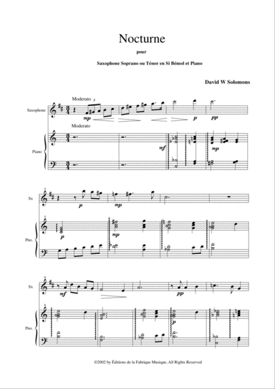 David Warin Solomons: Nocturne for Bb soprano or tenor saxophone and piano Woodwind Duet scores gallery preview page 2
