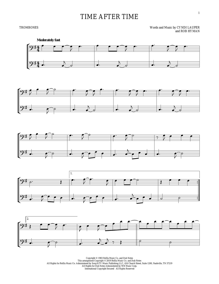Time After Time Trombone Duet scores gallery preview page 1