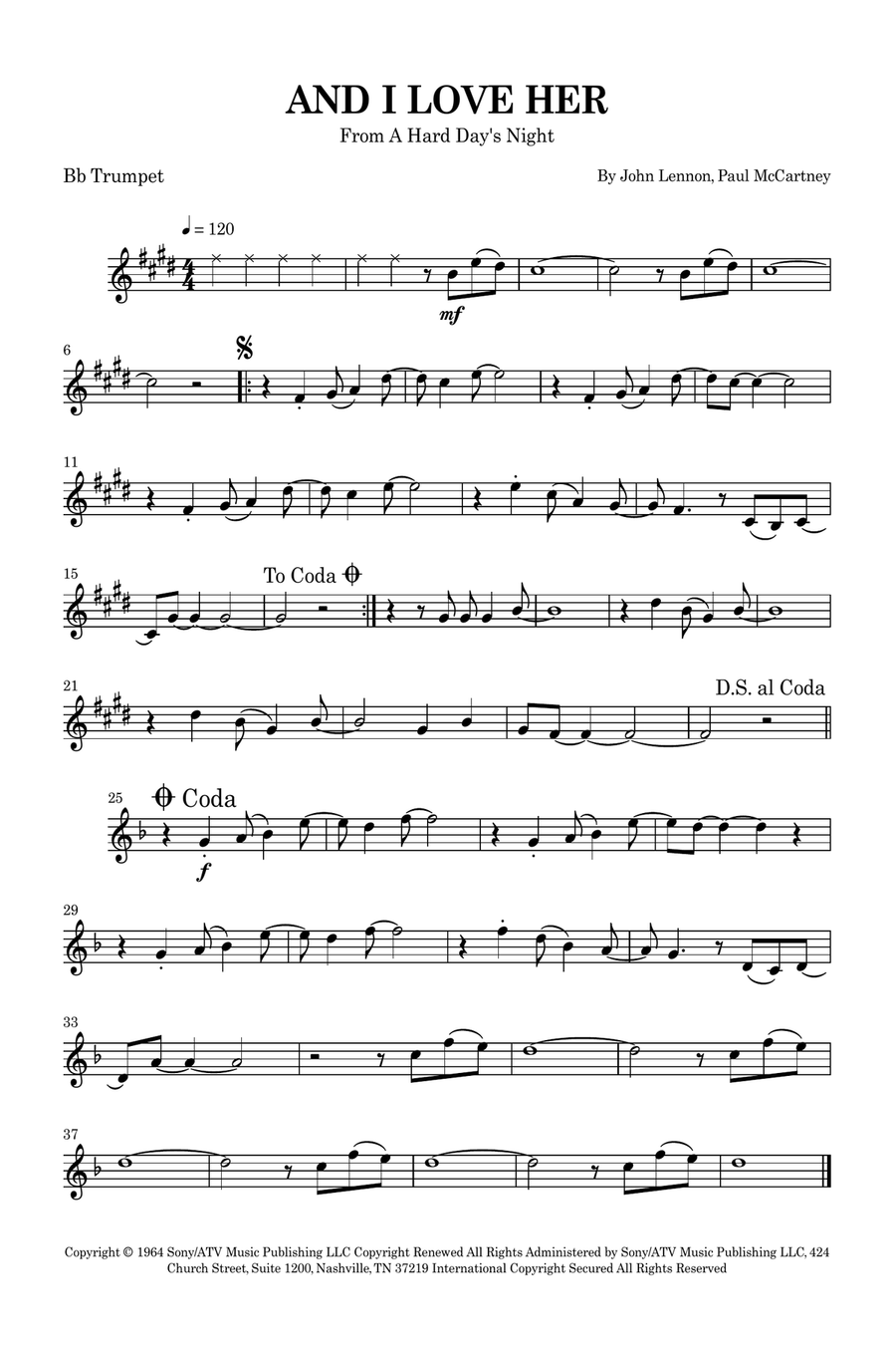 And I Love Her B-Flat Trumpet scores gallery preview page 1