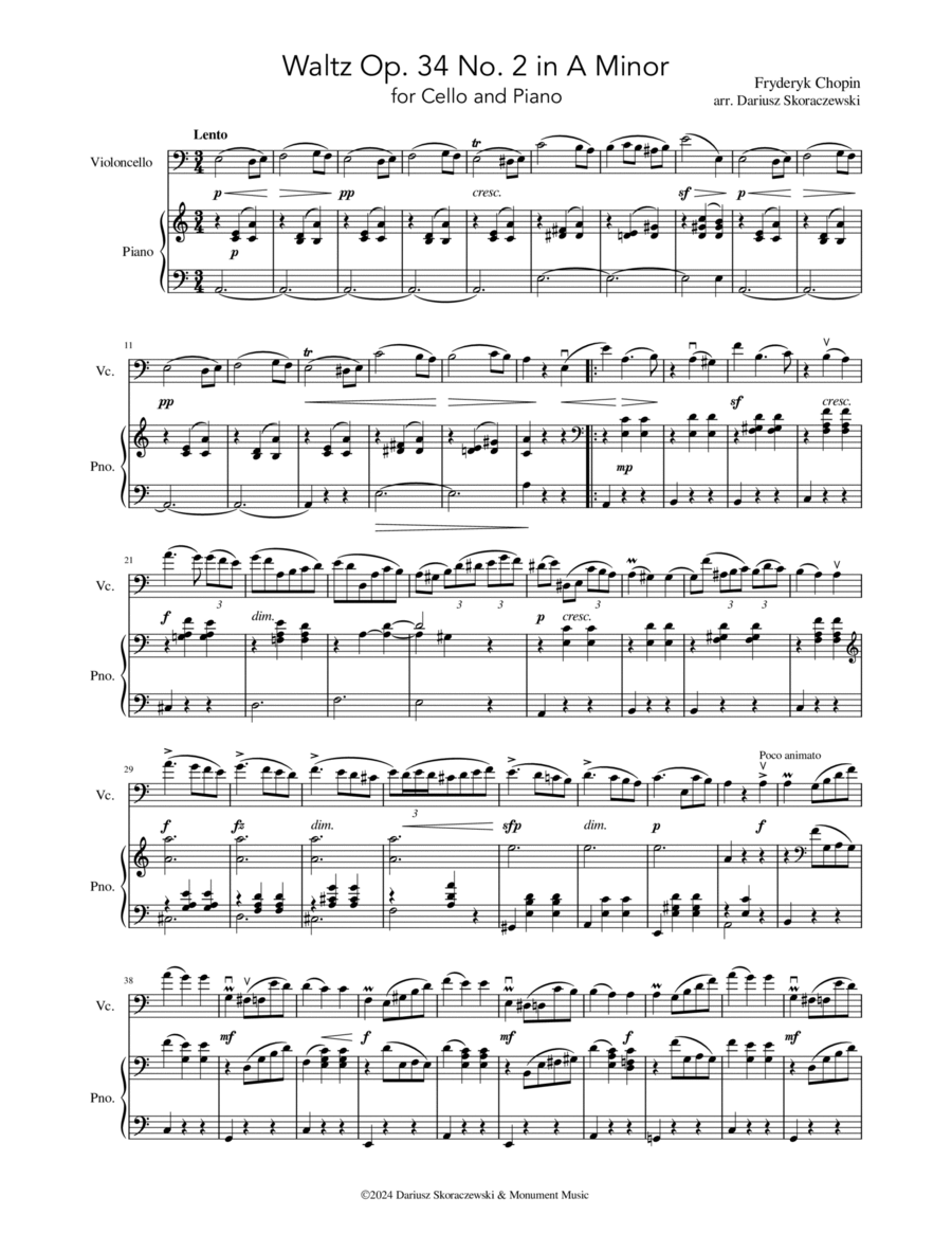 Chopin - Waltz Op. 34 No. 2 in A Minor for Cello and Piano Chamber Music scores gallery preview page 1