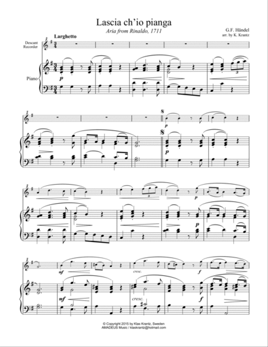 Aria - Lascia ch'io pianga for descant or treble recorder and piano Small Ensemble scores gallery preview page 2