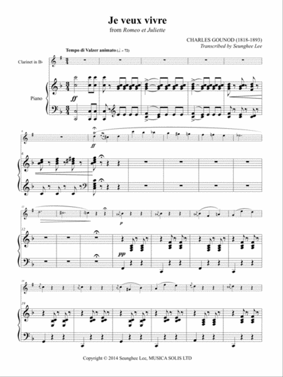 Charles Gounod: Je Jeux Vivre for Clarinet and Piano Clarinet Solo scores gallery preview page 1