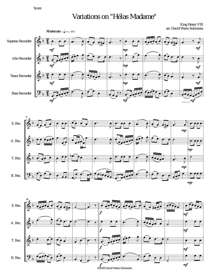 Variations for recorder quartet on 