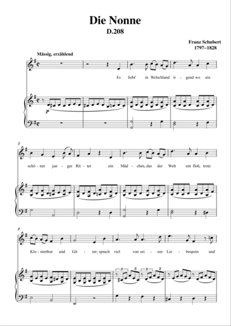 Schubert-Die Nonne in G D.208,for Vocal and Piano Voice scores gallery preview page 2