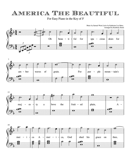 America The Beautiful For Easy Piano Level 3 in the Key of F major