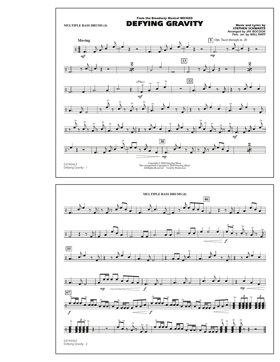 Defying Gravity (from Wicked) - Multiple Bass Drums Marching Band scores gallery preview page 1