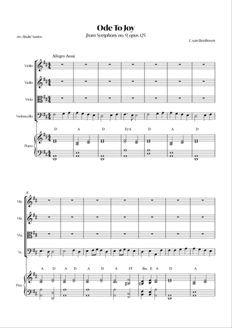 Ode To Joy (from Symphony No. 9) (String Quartet with Piano) - Score and parts image number null