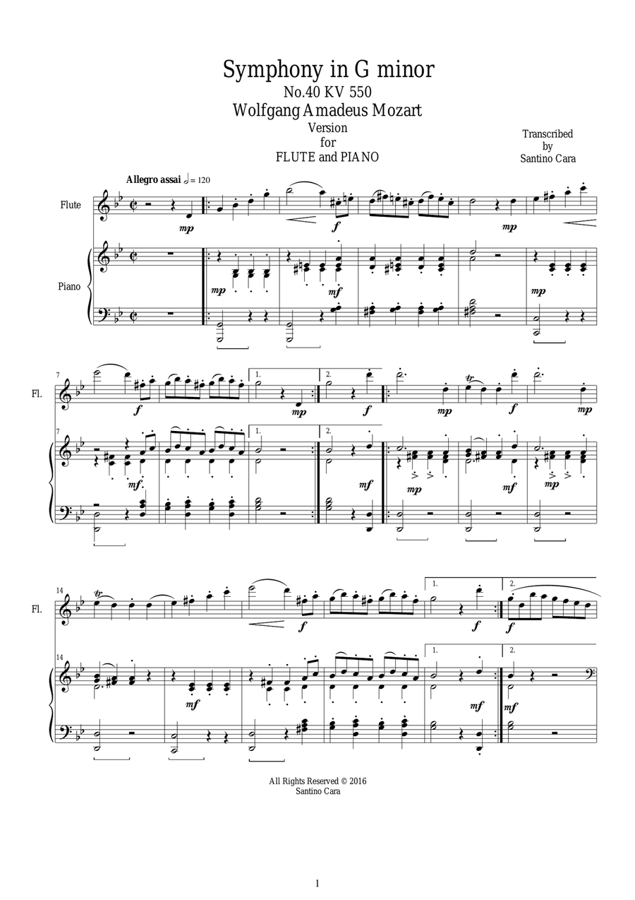 Mozart - Symphony in G minor No.40 mov. 4 Allegro assai -Flute and Piano Flute Solo scores gallery preview page 1