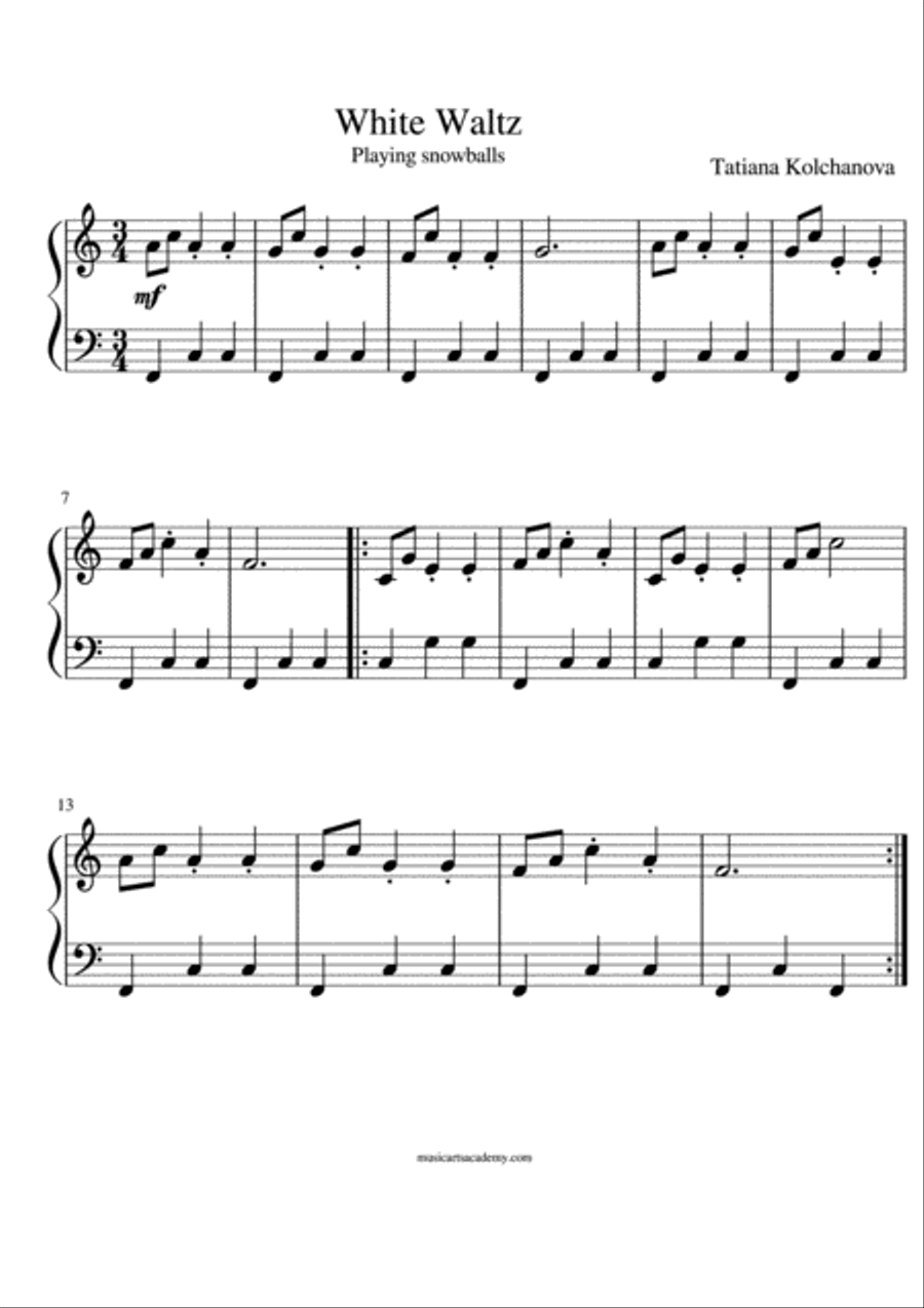 'White Waltz' (playing snowballs) composer Tatiana Kolchanova Easy Piano scores gallery preview page 1