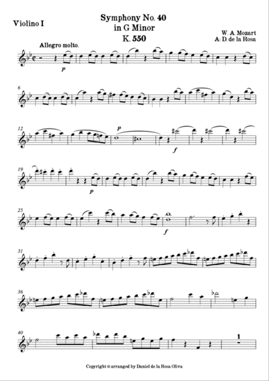 Symphony No. 40 in G minor k. 550 - I. Allegro Molto - W. A. Mozart - For String Quartet (Full Parts String Quartet scores gallery preview page 2