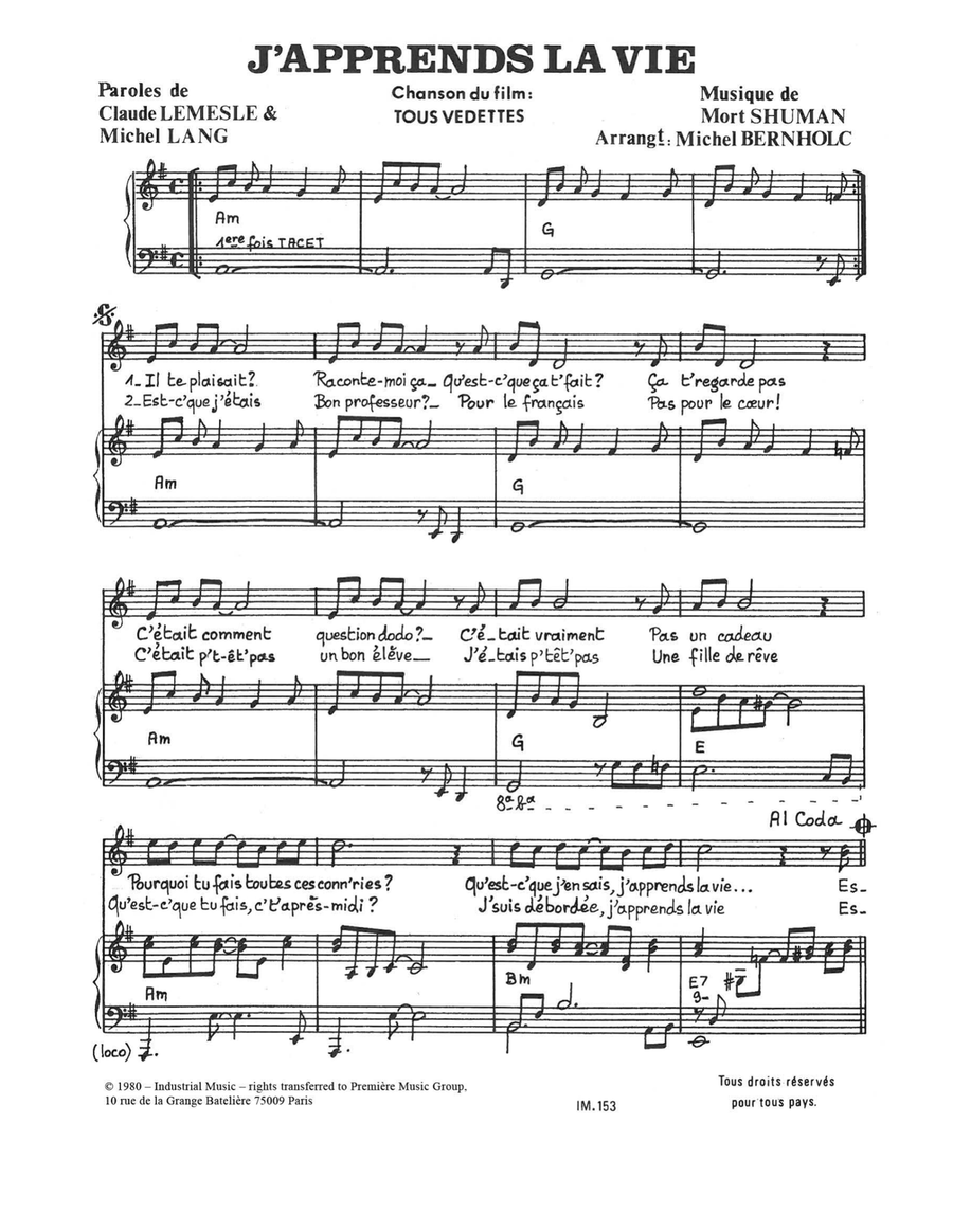 J'apprends La Vie Piano, Vocal scores gallery preview page 1