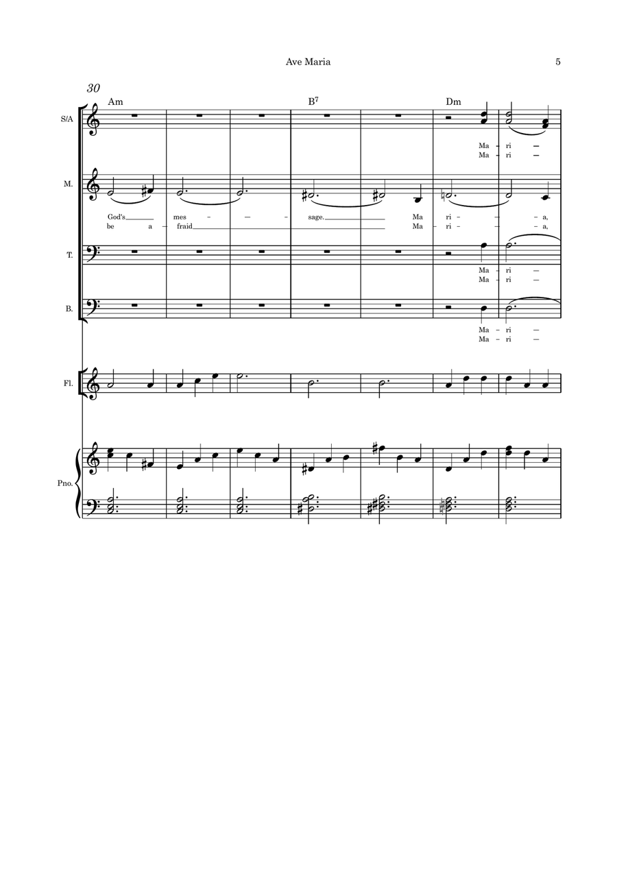 Ave Maria Christmas Verson Solo SATB flute or violin or cello and piano 4-Part scores gallery preview page 5