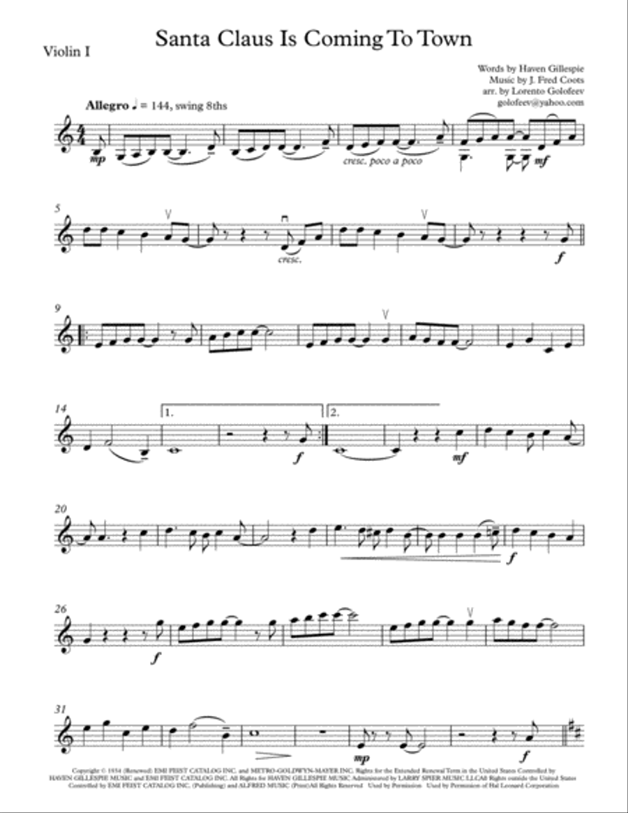 Santa Claus Is Comin' To Town String Quartet scores gallery preview page 1