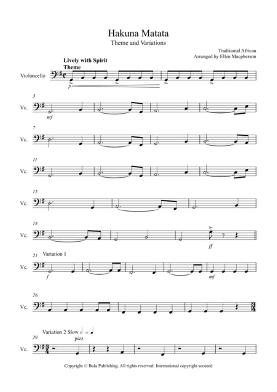 Hakuna Matata Theme & Variation - Easy String Quartet - Cello String Quartet scores gallery preview page 1