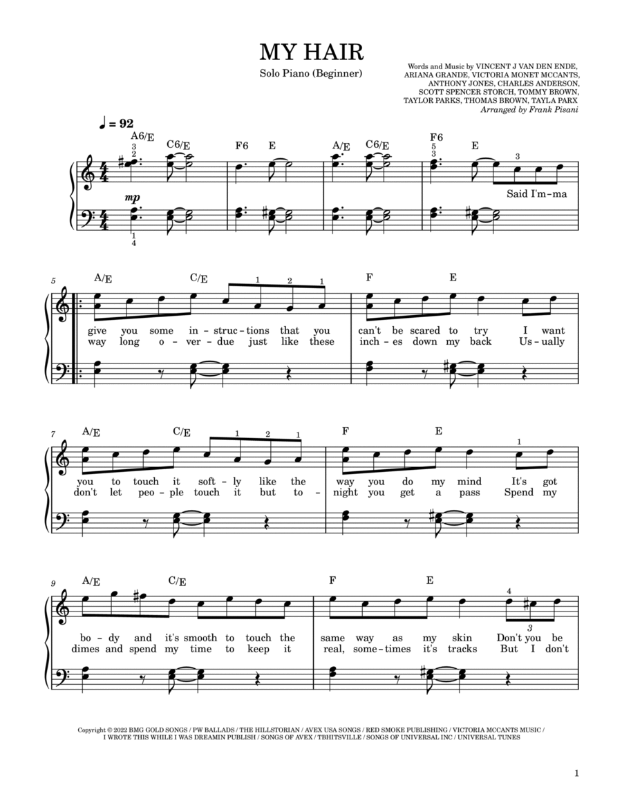 My Hair Easy Piano scores gallery preview page 1
