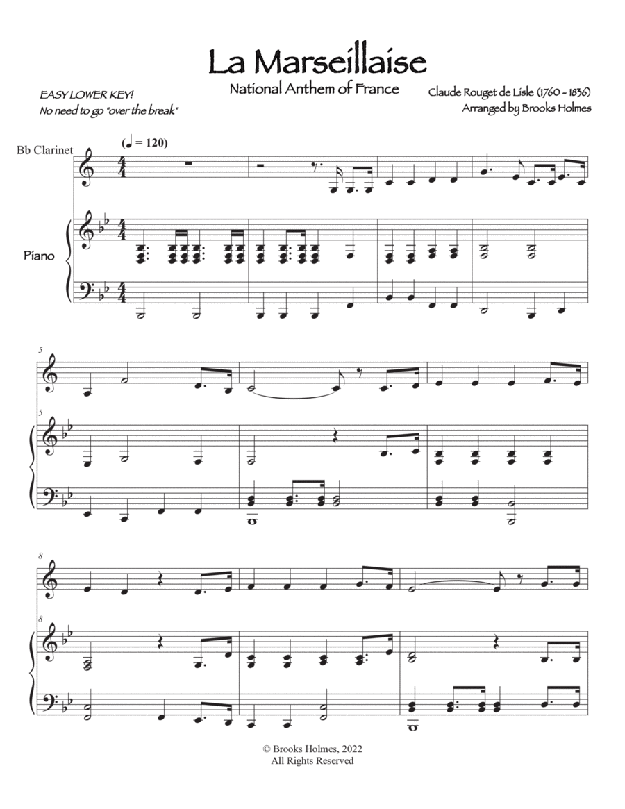 French National Anthem (La Marseillaise) Easier Clarinet & Piano B-Flat Clarinet scores gallery preview page 1