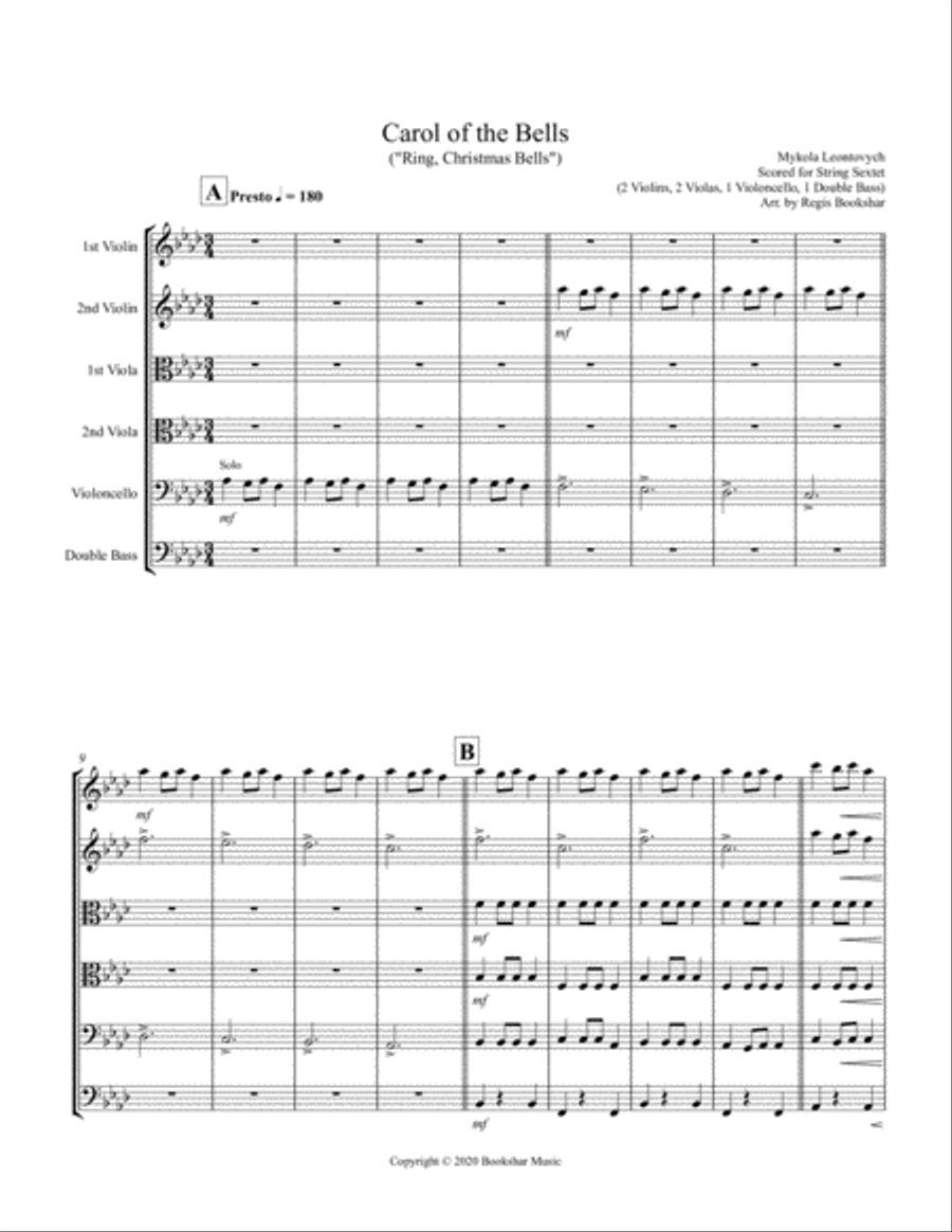 Carol of the Bells (F min) (String Sextet - 2 Violin, 2 Viola, 1 Cello, 1 Bass) Cello scores gallery preview page 1