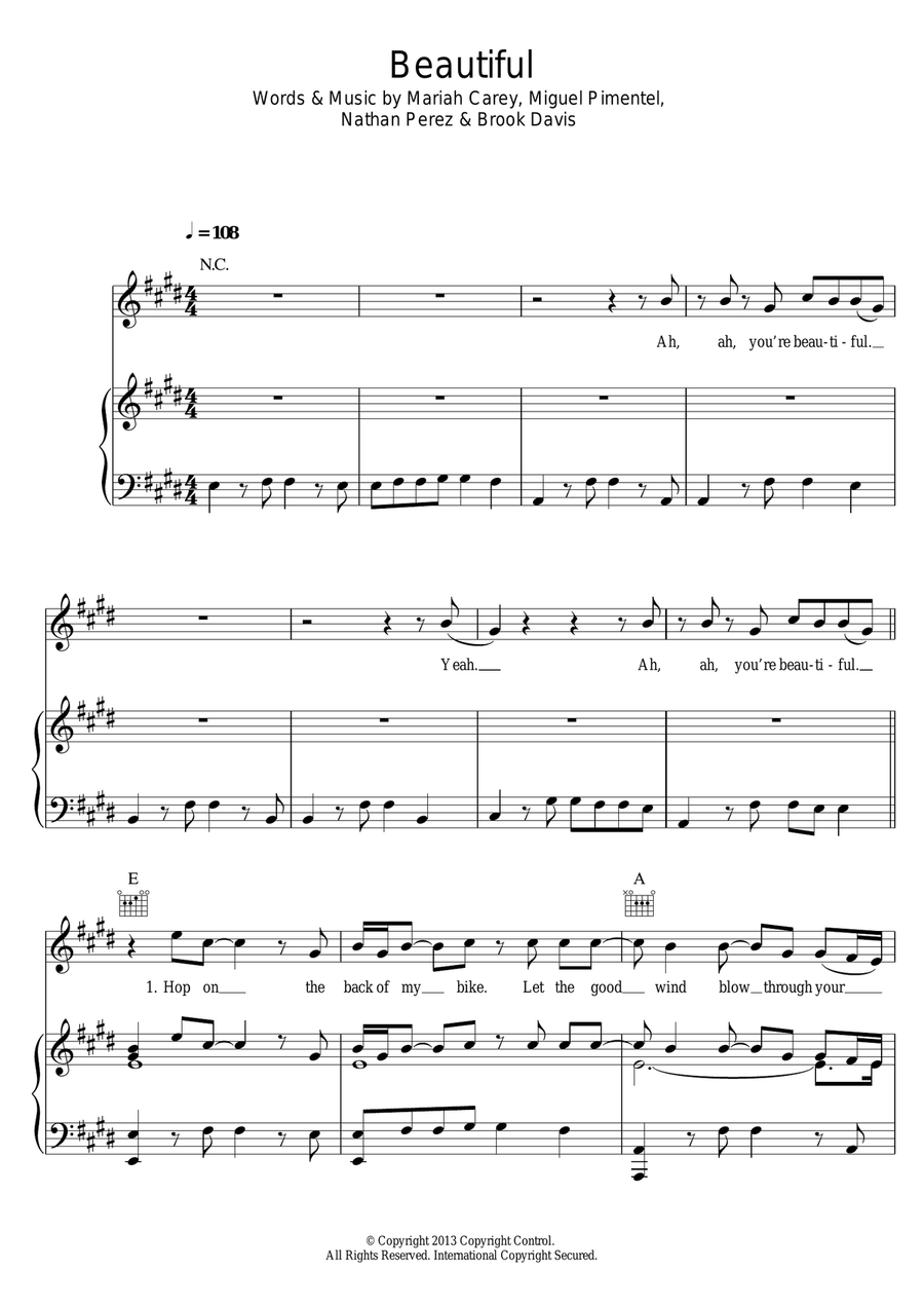 Beautiful (featuring Miguel) Piano, Vocal scores gallery preview page 1