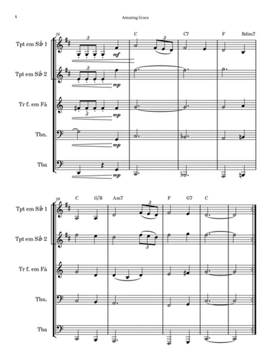 Amazing Grace - Brass Quintet with Chord Notation image number null