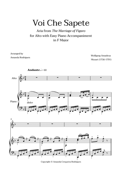 Voi Che Sapete from "The Marriage of Figaro" - Easy Alto and Piano Aria Duet in F Major image number null