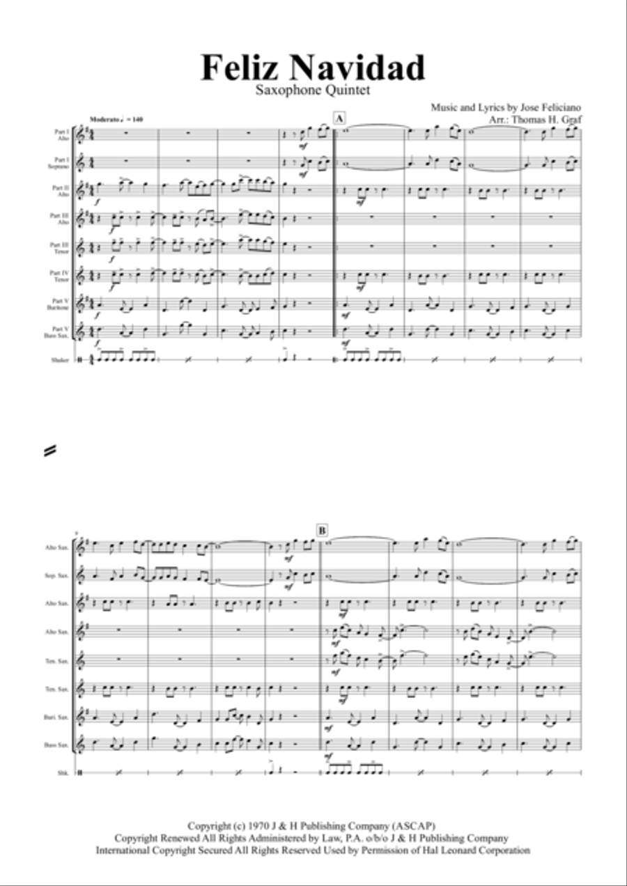 Feliz Navidad Saxophone Quintet scores gallery preview page 2
